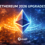 Ethereum 2026 upgrades showing Glamsterdam and Heze-Bogota hard forks improving scalability and censorship resistance