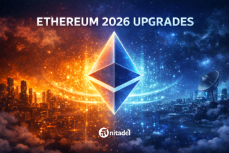 Ethereum 2026 upgrades showing Glamsterdam and Heze-Bogota hard forks improving scalability and censorship resistance